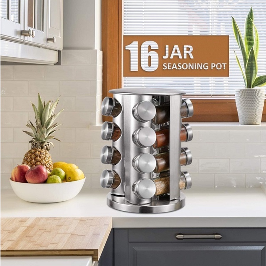 Porta Tempero Giratório Inox 16 Potes de Vidro - Imagem 2