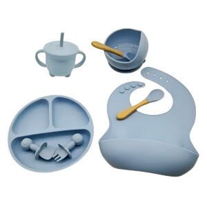 Kit Alimentação Infantil Silicone com Ventosa e Babador Azul
