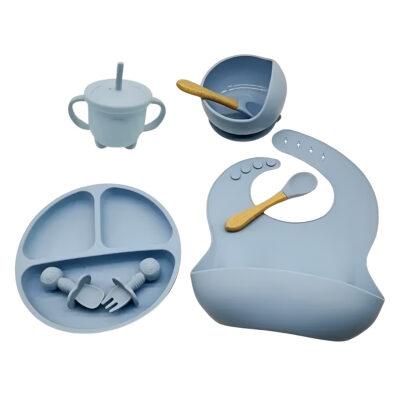 Kit Alimentação Infantil Silicone com Ventosa e Babador Azul