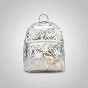 Mochila Feminina de Costas Folhas Brilhosas Branco