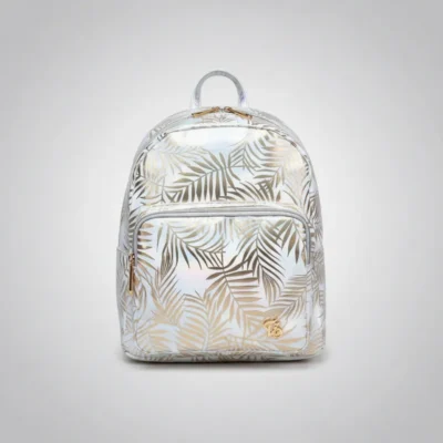 Mochila Feminina de Costas Folhas Brilhosas Branco