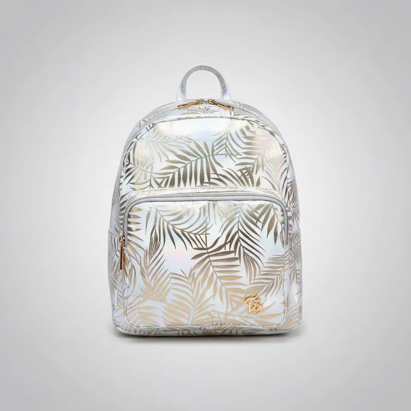 Mochila Feminina de Costas Folhas Brilhosas Branco