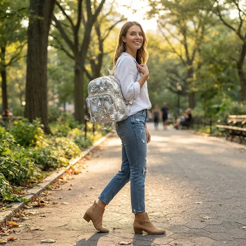 Mochila Feminina de Costas Folhas Brilhosas Branco - Imagem 3