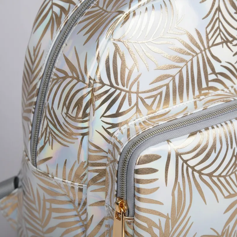 Mochila Feminina de Costas Folhas Brilhosas Branco - Imagem 4